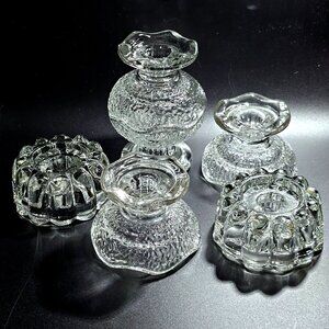 vtg assorted glass taper candleholders lot/6 wedding decor tablesettings low